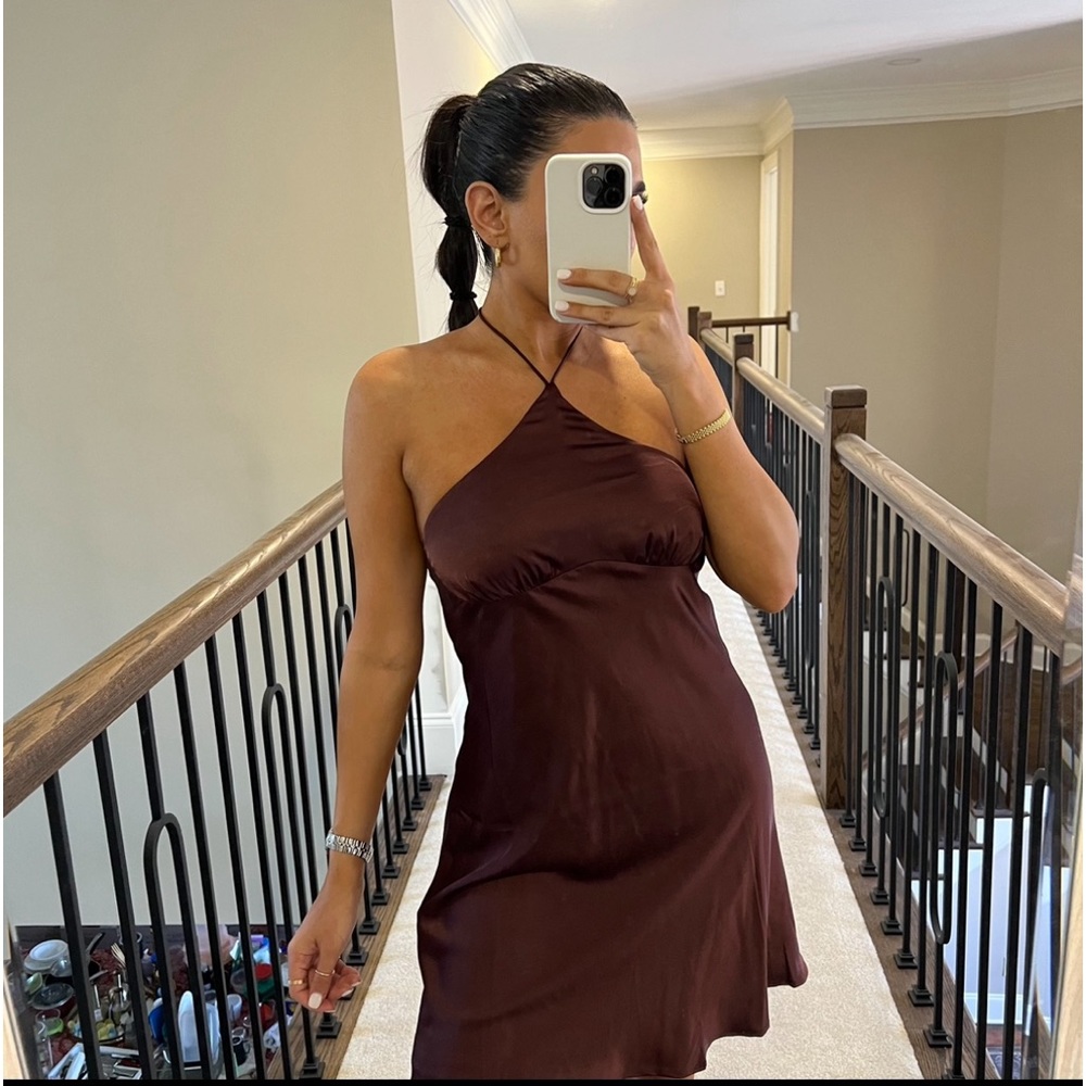 American threads brown satin halter dress